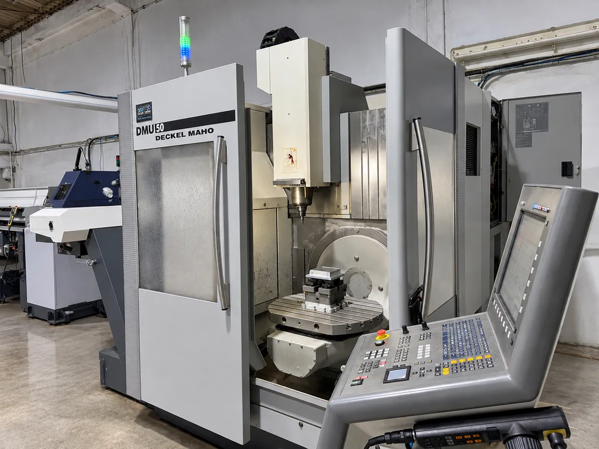 DMG Mori DMU 50 five-axis CNC machining centre with a part clamped