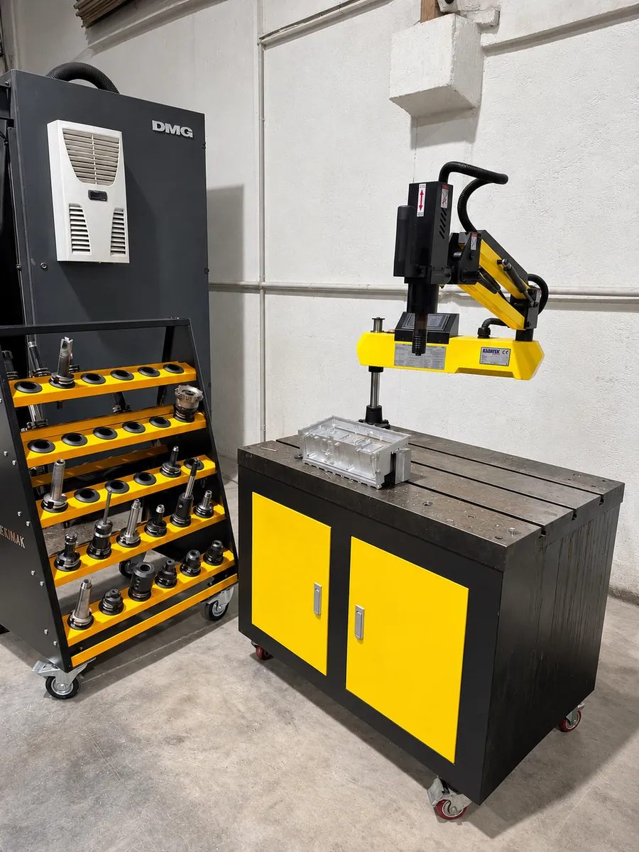 Tapping machine and tool holder trolley